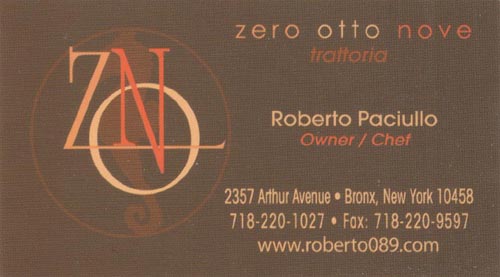 Business Card, Trattoria Zero Otto Nove, 2357 Arthur Avenue, Belmont, The Bronx