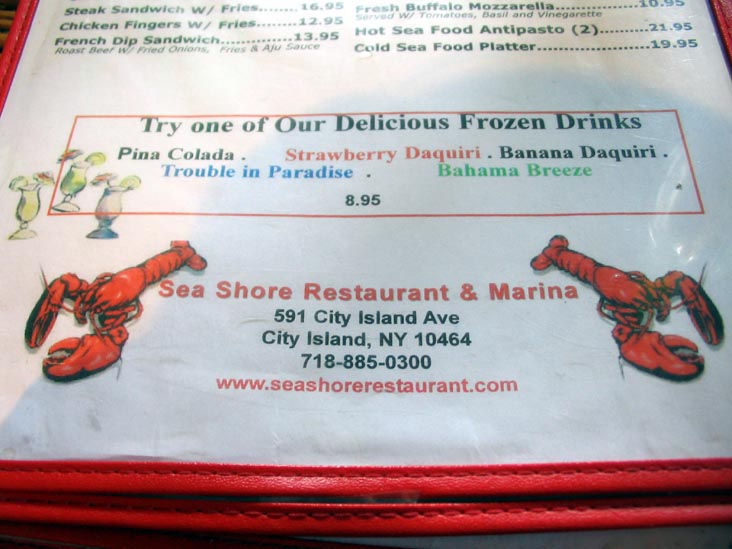 Menu, Sea Shore Waterfront Restaurant & Marina, 591 City Island Avenue, City Island, The Bronx