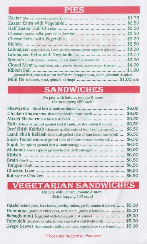 Pies and Sandwiches, Menu, Karam Restaurant, 8519 4th Avenue, Bay Ridge, Brooklyn