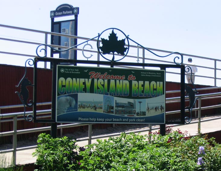 Welcome to Coney Island Beach Sign, East End of Coney Island Boardwalk, Coney Island, Brooklyn, May 20, 2004