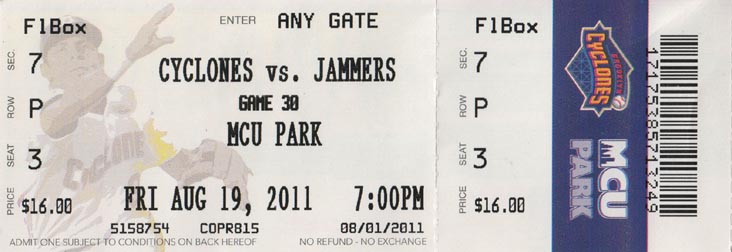 Ticket, Brooklyn Cyclones vs. Jamestown Jammers, MCU Park, 1904 Surf Avenue, Coney Island, Brooklyn, August 19, 2011