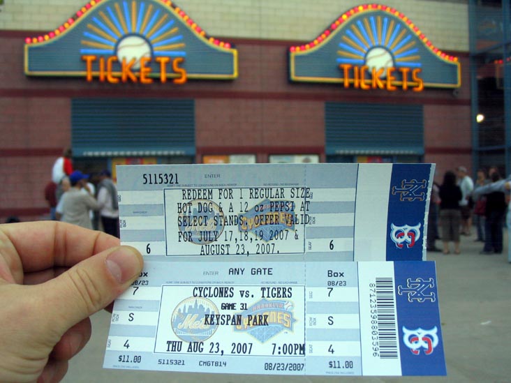 Tickets, Brooklyn Cyclones vs. Oneonta Tigers, August 23, 2007 (Game Called On Account Of Fog), KeySpan Park, 1904 Surf Avenue, Coney Island, Brooklyn