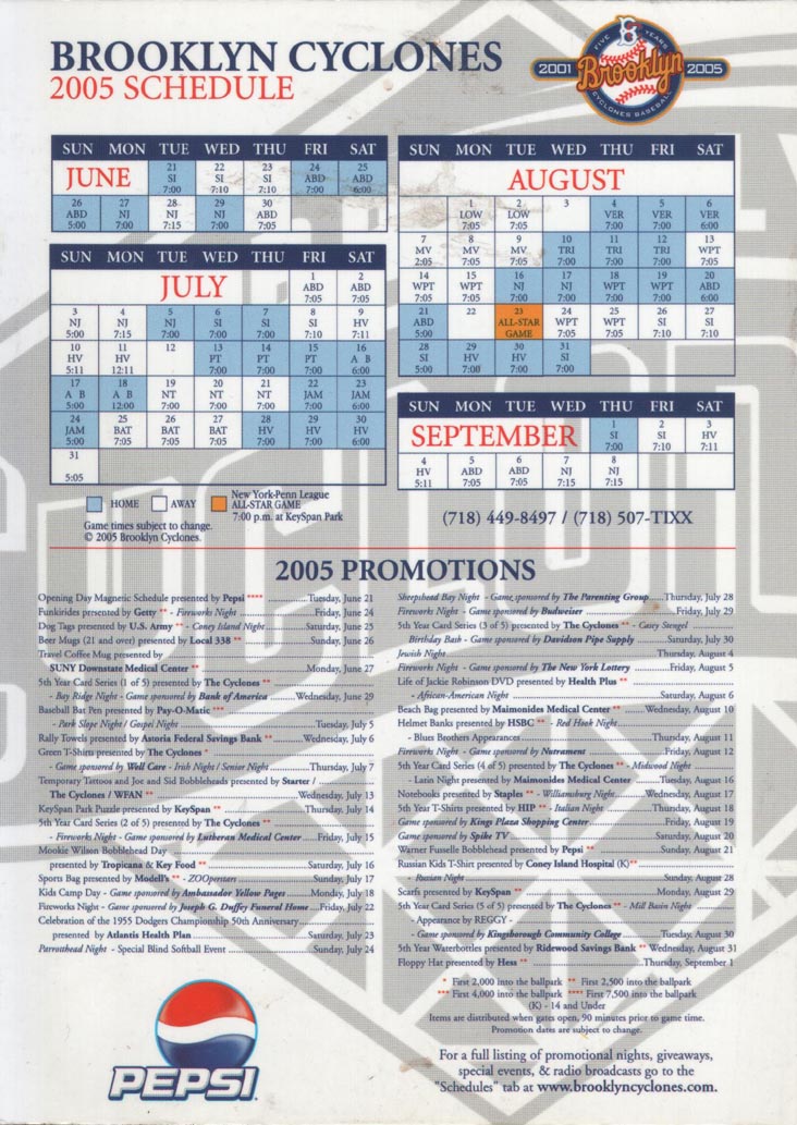 Brooklyn Cyclones 2005 Magnet Schedule