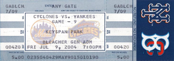 Ticket Stub, Brooklyn Cyclones vs. Staten Island Yankees, July 9, 2004