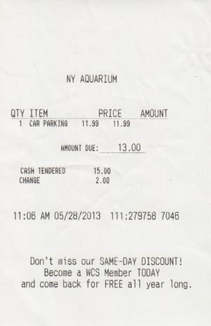 Parking Receipt, New York Aquarium, Coney Island, Brooklyn, May 28, 2013