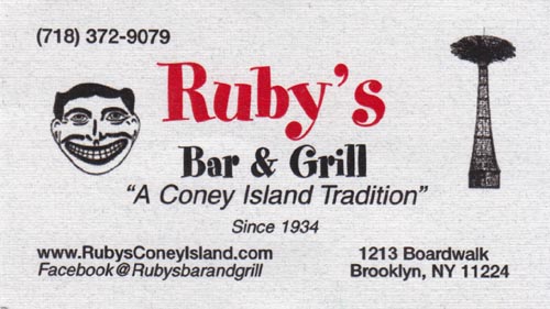 Business Card, Ruby's Bar & Grill, 1213 Riegelmann Boardwalk, Coney Island, Brooklyn