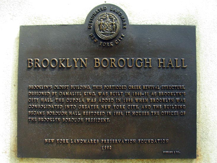Landmarks Plaque, Brooklyn Borough Hall, 209 Joralemon Street, Downtown Brooklyn