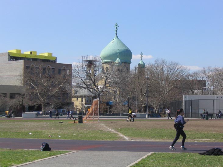 Track with Russian Orthodox Cathedral of the Transfiguration of the Lord in Background, McCarren Park, Greenpoint, Brooklyn