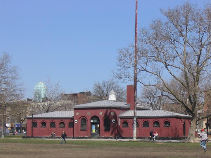 Comfort Station with Citibank Tower in the Background, McCarren Park, Greenpoint, Brooklyn