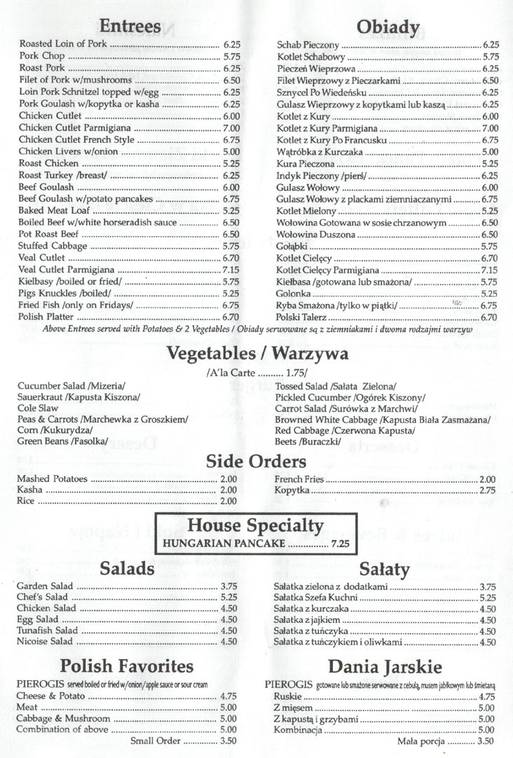Christina's Entrees, Vegetables, Side Orders, Salads and Polish Favorites