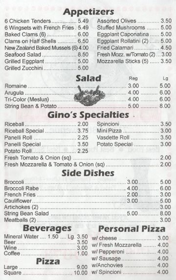 Gino's Focacceria Appetizers, Soups, Specialties and Side Dishes