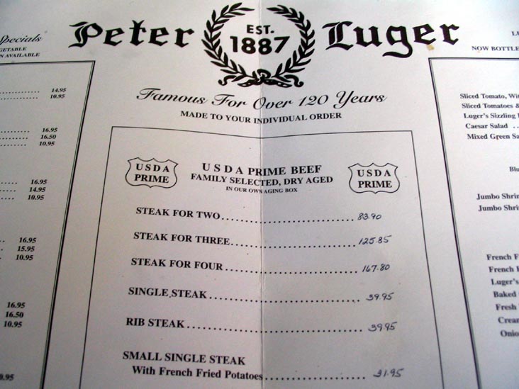 Menu, Peter Luger Steak House, 176-178 Broadway, Williamsburg, Brooklyn