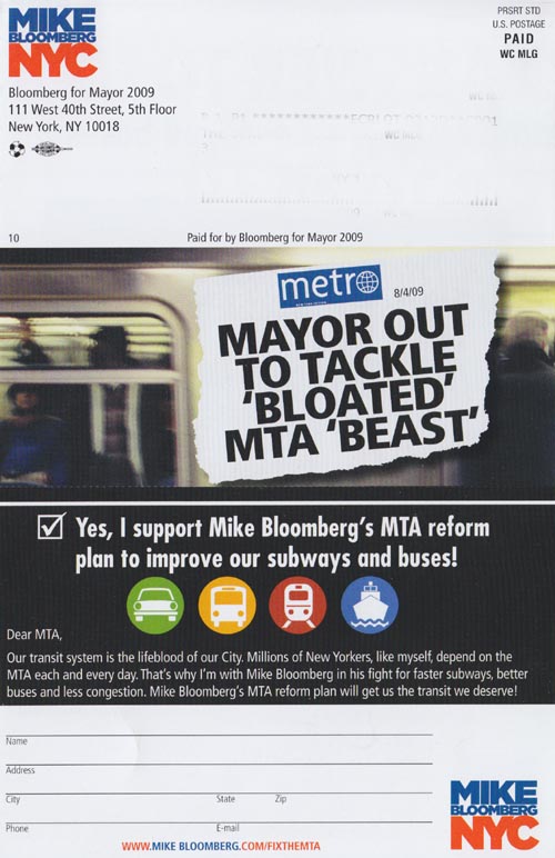 Bloomberg For Mayor 2009 MTA Reform Plan Campaign Literature