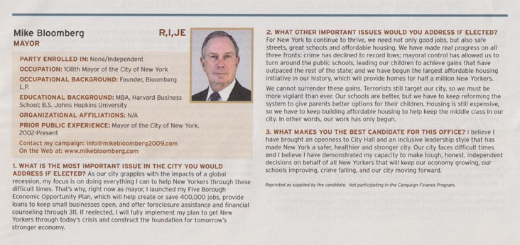 New York City Campaign Finance Board 2009 General Election Voter Guide Bloomberg Entry