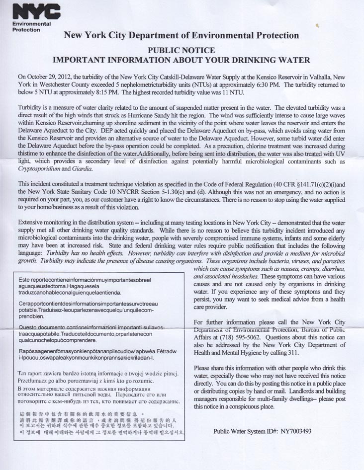 New York City Department of Environmental Protection Public Notice Regarding Turbidity, October 29, 2012