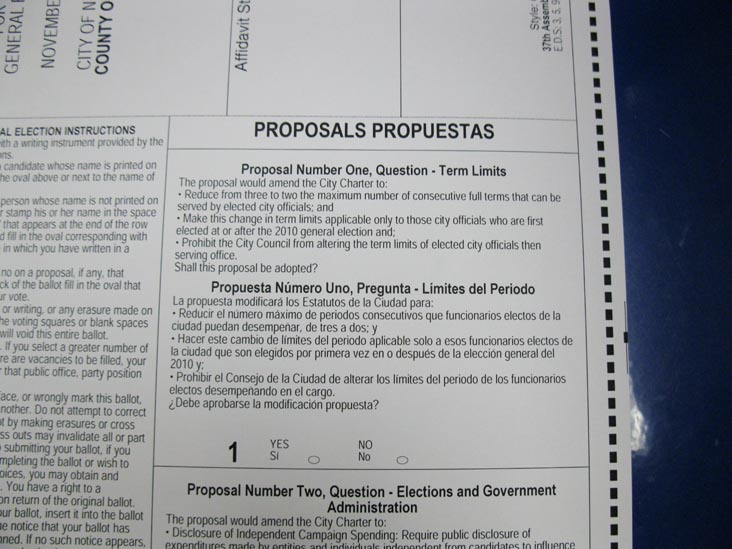 Term Limits Proposal, Ballot, Election Day, Robert F. Wagner, Jr. School (P.S. 78), 48-09 Center Boulevard, Hunters Point, Long Island City, Queens, November 2, 2010