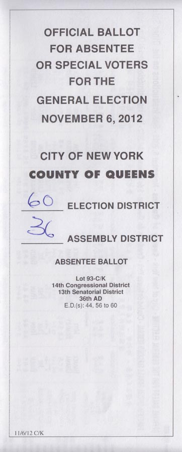 Absentee Ballot, 2012 New York City Election