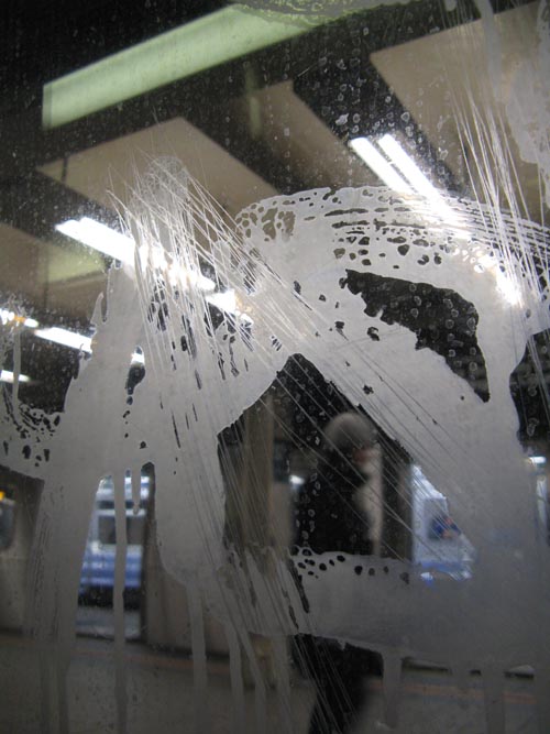 Etching Acid Graffiti, Queens-Bound R Train, 57th Street-Seventh Avenue Station, Midtown Manhattan, January 21, 2009