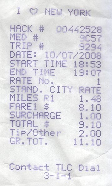 Taxi Receipt, October 7, 2008