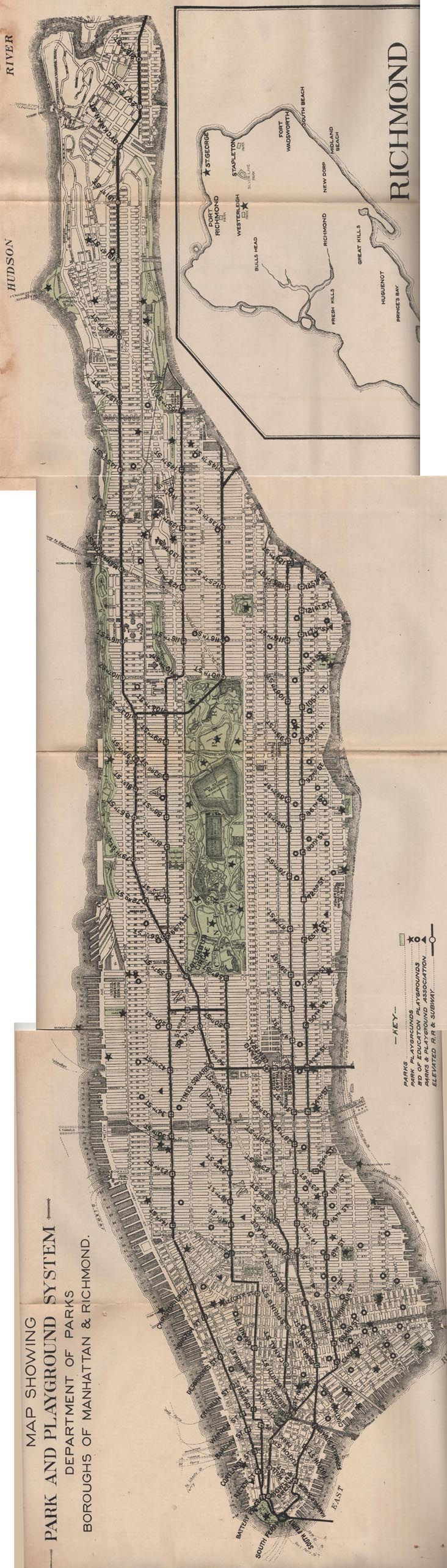 1915 Manhattan Map Showing Park & Playground System, Dept. of Parks, Manhattan & Richmond