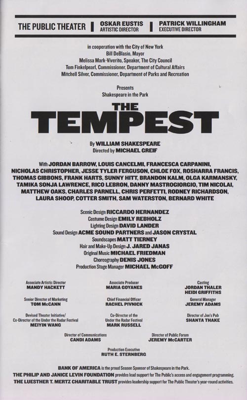 Tempest Playbill (Summer 2015), Shakespeare in the Park, Delacorte Theater, Central Park, Manhattan