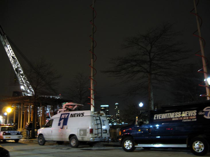 Television Trucks Ready For Cranes Ready To Raise US Airways Flight 1549 Fuselage, Battery Park City Waterfront, Lower Manhattan, January 17, 2009, 5:44 p.m.