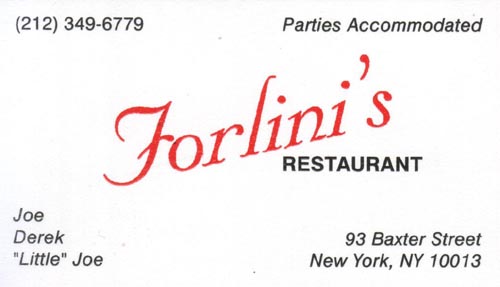 Business Card, Forlini's, 93 Baxter Street, Chinatown, Lower Manhattan