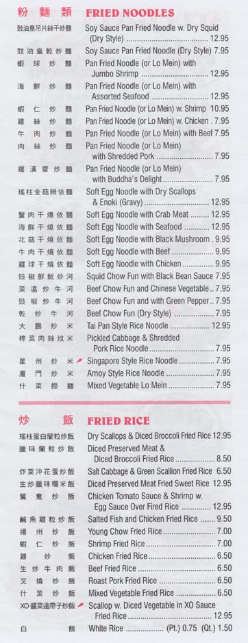 Fried Noodles and Fried Rice Dishes, Fuleen Seafood Restaurant Menu, 11 Division Street, Chinatown, Lower Manhattan