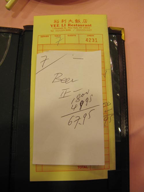 Check, Yee Li Restaurant, 1 Elizabeth Street, Chinatown, Lower Manhattan, October 10, 2009, 8:47 p.m.