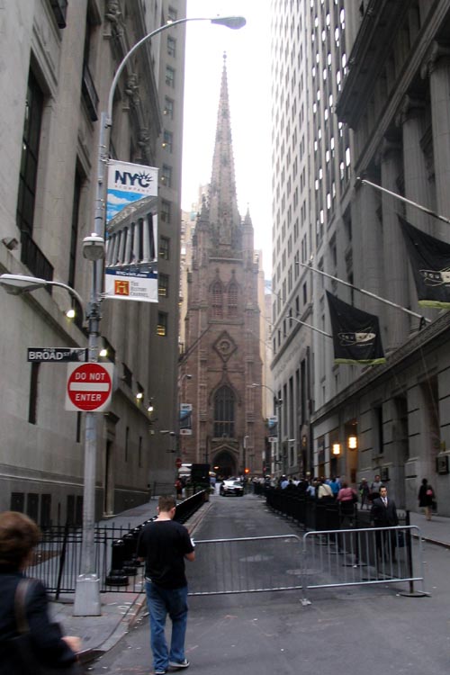 Intersection of Broad and Wall Streets Looking West Towards Trinity Church, Lower Manhattan, September 30, 2004