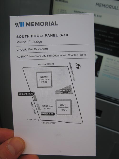 Mychal F. Judge Memorial Guide Name Printout, September 11 Memorial, World Trade Center, Financial District, Lower Manhattan, September 12, 2011