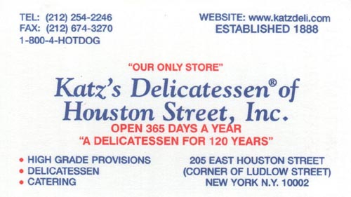 Business Card, Katz's Delicatessen, 205 East Houston Street, Lower East Side, Manhattan