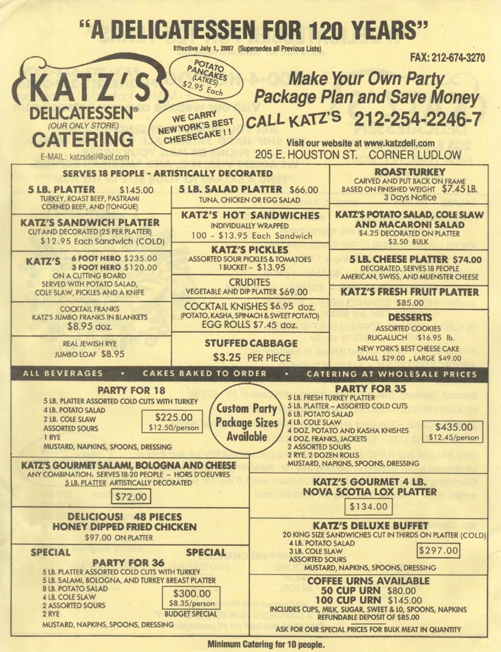 Catering Menu, Katz's Delicatessen, 205 East Houston Street, Lower East Side, Manhattan