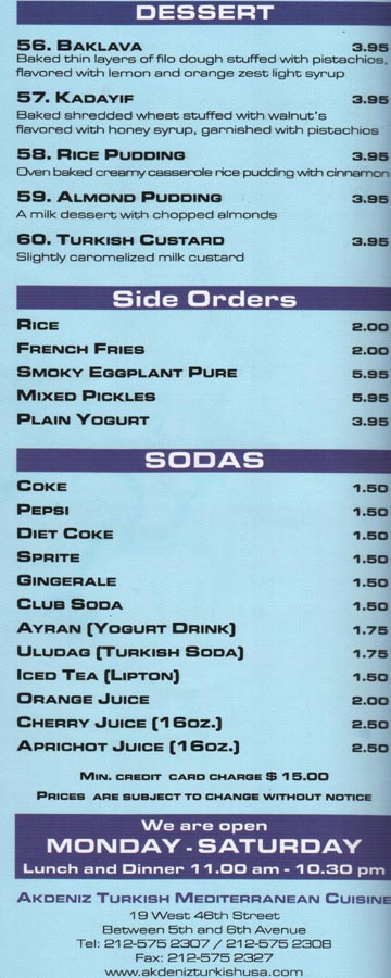 Akdeniz Desserts, Side Orders and Sodas