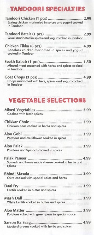 Haandi Tandoori Specialties and Vegetable Selections