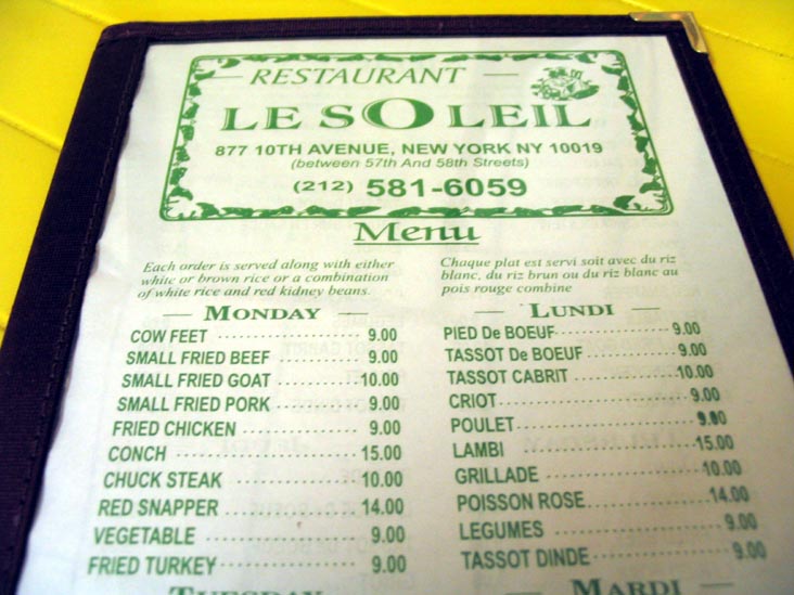 Menu, Le Soleil, 877 Tenth Avenue, Clinton-Hell's Kitchen