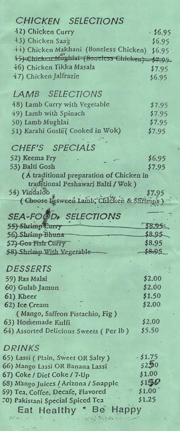 Pakistan Tea House Chicken Selections, Lamb Selections, Chef's Specials, Sea Food Selections, Desserts and Drinks