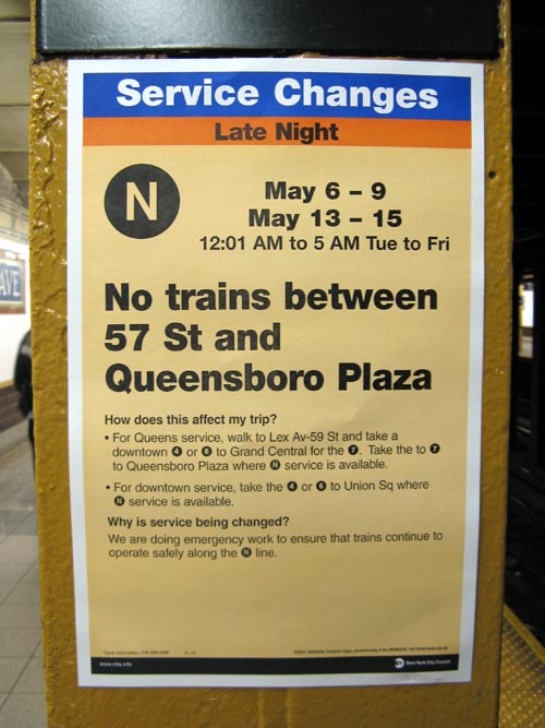Service Change Notice, Fifth Avenue-59th Street Subway Station, Midtown Manhattan, May 6, 2008