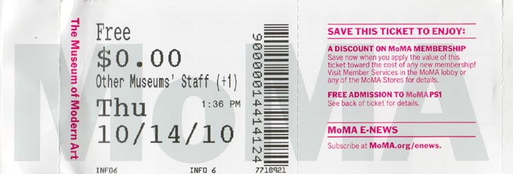 Ticket, MoMA, 11 West 53 Street, Midtown Manhattan, October 14, 2010