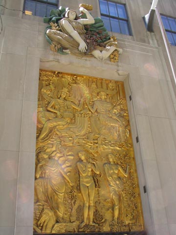Paris and New York Joining Hands Above Figures of Poetry, Beauty and Elegance by Alfred Janniot (1934), French Building, Rockefeller Center, Midtown Manhattan