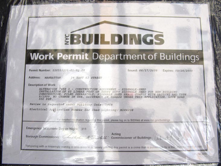 Department of Buildings Work Permit, 34 East 62nd Street, Upper East Side, Manhattan, October 2, 2008