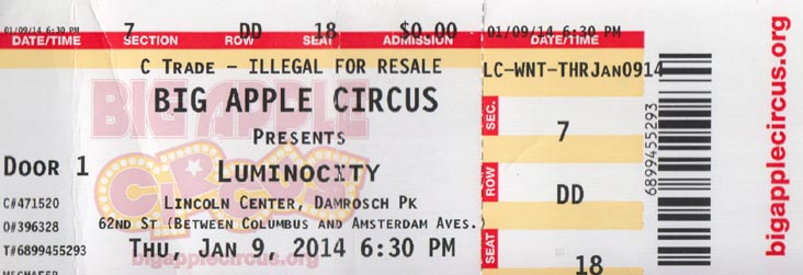 Ticket, Big Apple Circus, Damrosch Park, Lincoln Center, Upper West Side, Manhattan, January 9, 2014