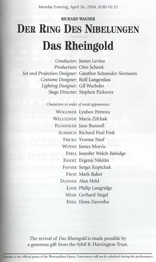 Das Rheingold (Ring Cycle) Playbill, April 26, 2004, Metropolitan Opera House, Lincoln Center for the Performing Arts, Upper West Side, Manhattan