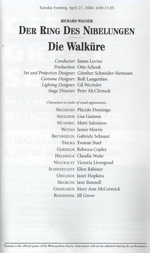 Die Walküre (Ring Cycle) Playbill, April 27, 2004, Metropolitan Opera House, Lincoln Center for the Performing Arts, Upper West Side, Manhattan