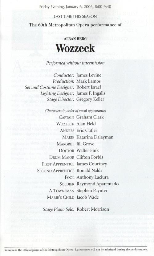 Wozzeck Playbill, January 6, 2006, Metropolitan Opera House, Lincoln Center for the Performing Arts, Upper West Side, Manhattan