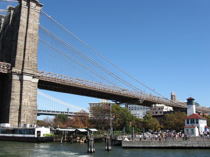 Fulton Ferry Landing, Brooklyn Bridge From Water Taxi, East River, New York