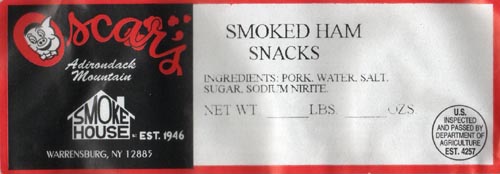 Smoked Ham Snacks Label, Oscar's Adirondack Smoke House, 22 Raymond Lane, Warrensburg, New York
