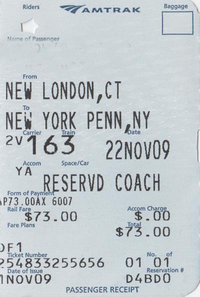 Amtrak Ticket Stub, November 22, 2009