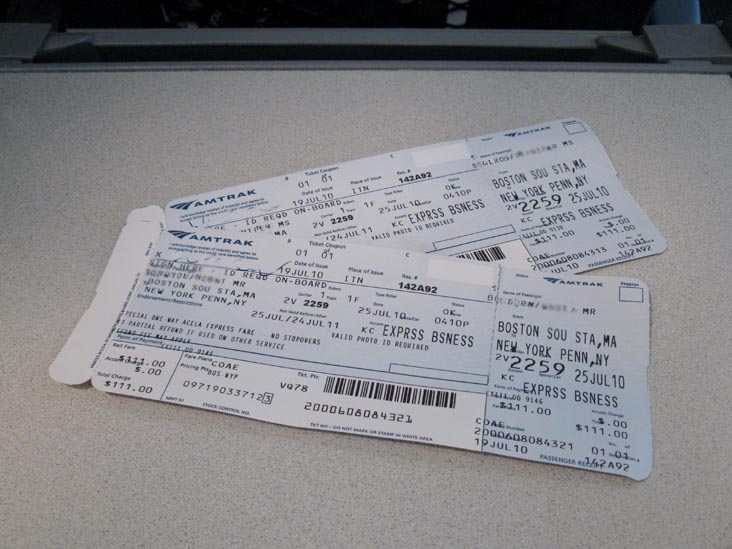 Tickets, Amtrak Train 2259 From Boston South Station To New York Penn Station, July 25, 2010