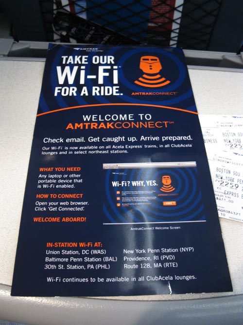 Wi-Fi Brochure, Amtrak Train 2259 From Boston South Station To New York Penn Station, July 25, 2010